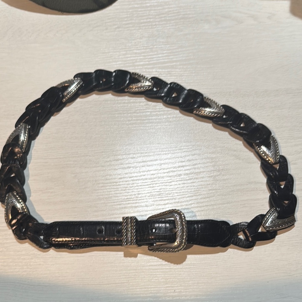 Black and Silver Leather Braided Belt with Metal Buckle